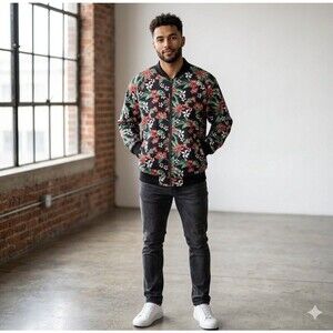 Society of One Bomber Jacket Mens 2XLT Black Tropical Floral Full Zip Streetwear